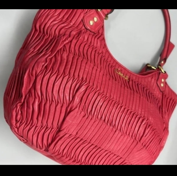 PRISTINE! COACH ASHLEY GATHERED LEATHER SHOULDER TOTE (#F23928)BRASS/RASPBERRY. - Picture 3 of 12